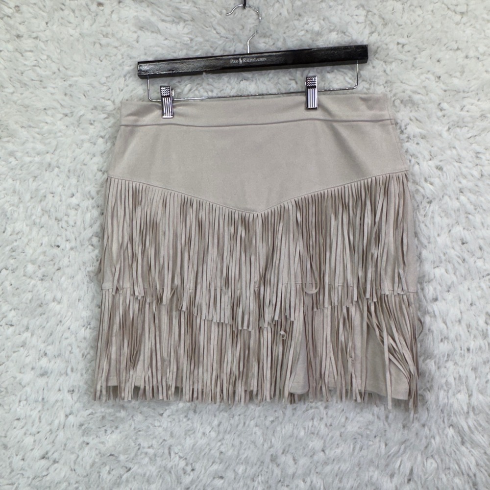 ALAYA Fringe Faux Suede Mini Skirt XL Tan Western Boho Festival Tiered Skirt